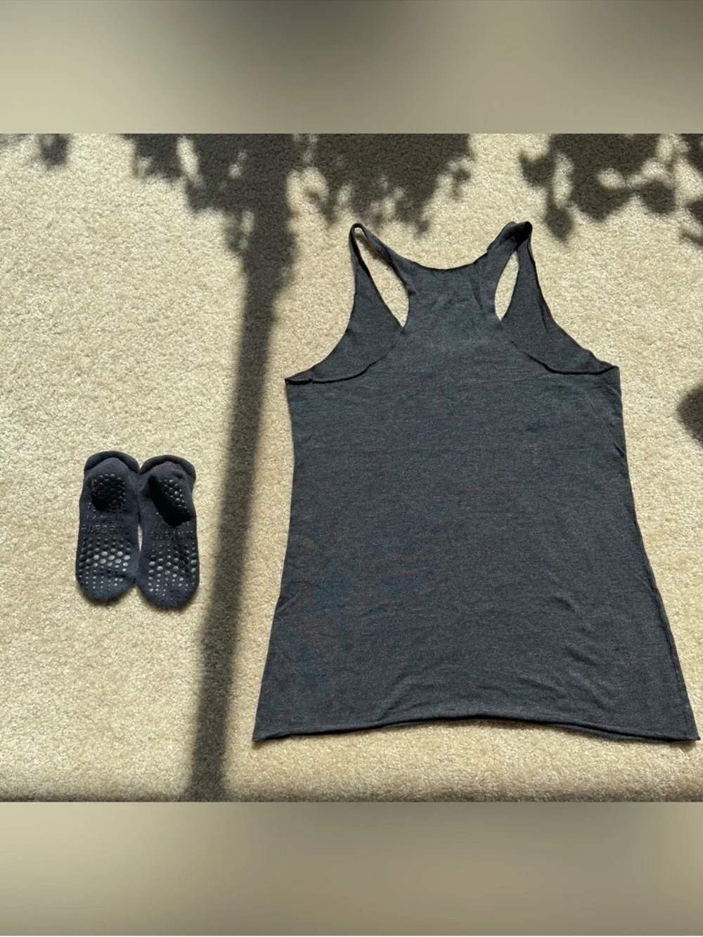 Pure Barre Dark Gray Racerback Tank Top and Black Grips for Women.